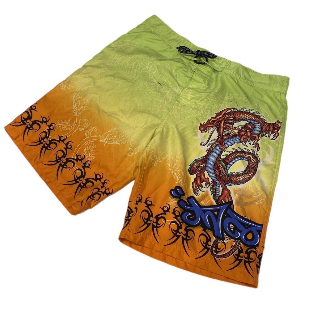 VTG JNCO Jeans Men's Board Shorts Dragon Tribal Neon Size 36 Swim Swimwear 90s - Picture 1 of 8
